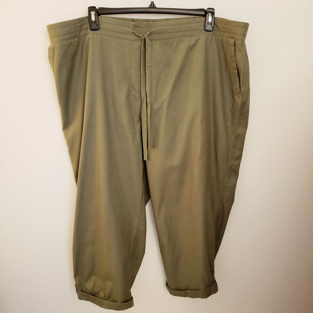 Talbots Cropped Olive Green Ankle Tab Pants Drawstring Waist Pockets Sz 24W NWT